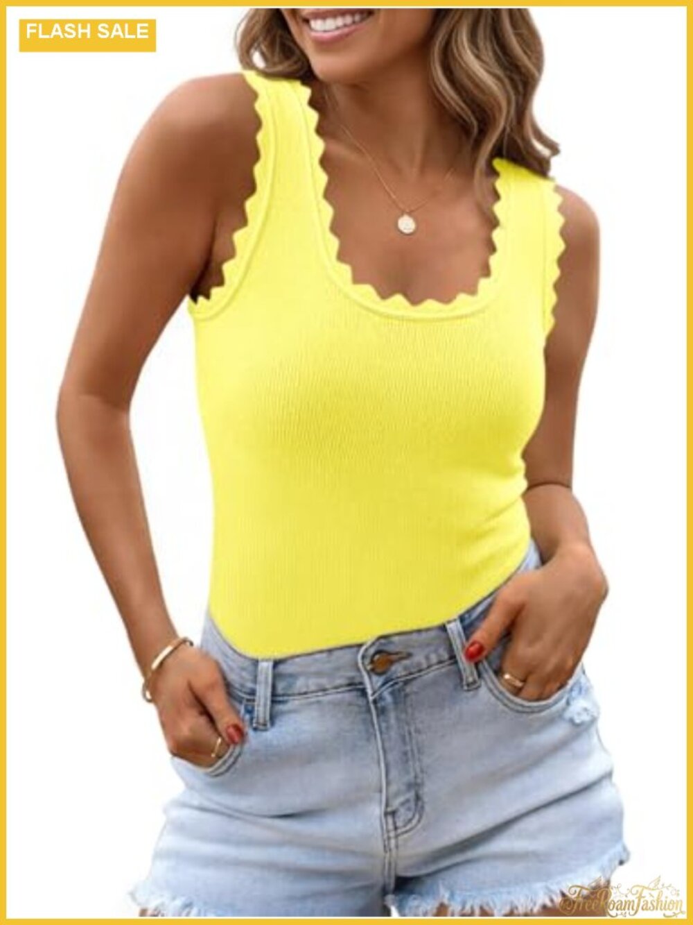 Scalloped Square Neck Knit Sweater Vest Sleeveless Tank Top